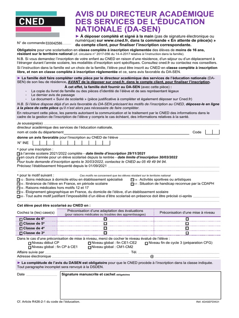 Avis d'inscription au CNED par le DASEN | PDF