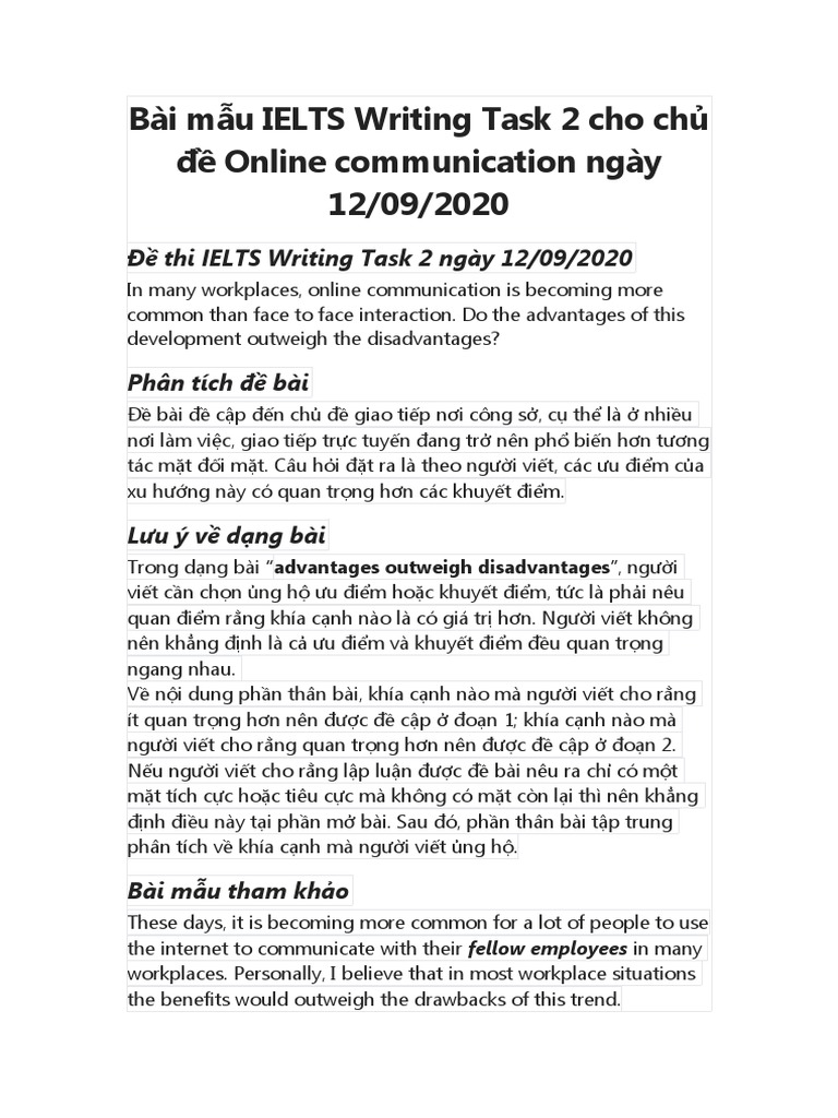Bài Mẫu IELTS Writing Task 2 Cho Chủ Đề Online Communication Ngày 12 | PDF