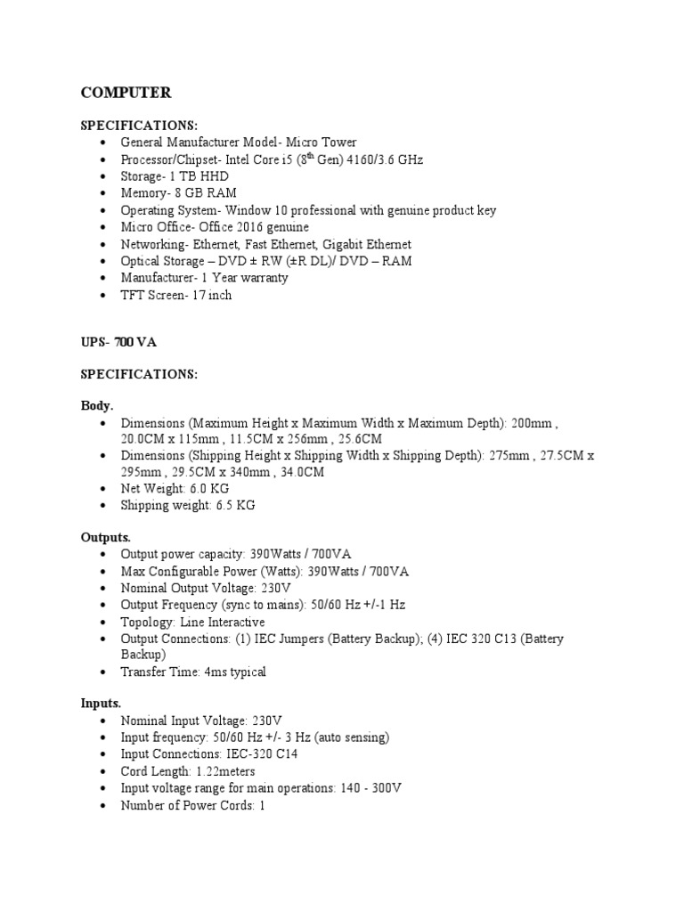 Computer and Printer Specifications | PDF | Printer (Computing ...
