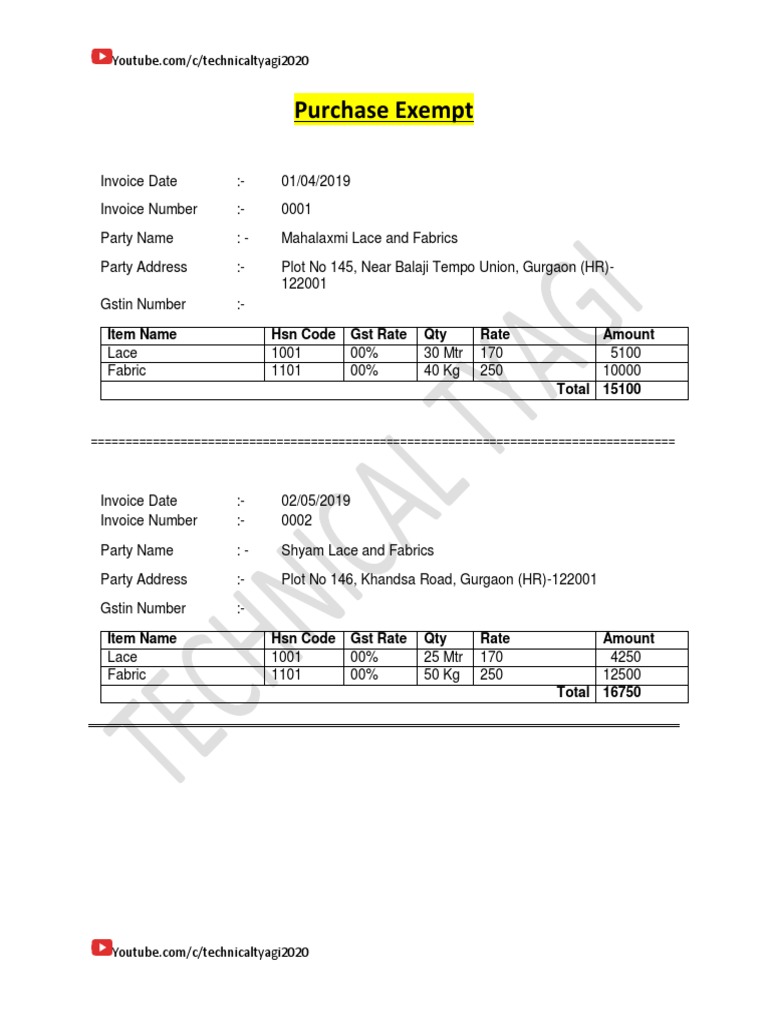 Purchase Exempt Item Name HSN Code GST Rate Qty Rate Amount PDF Loans Trade