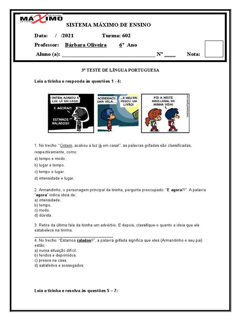 Teste de Português - 6º Ano | PDF | Carreira e Crescimento | Artes ...