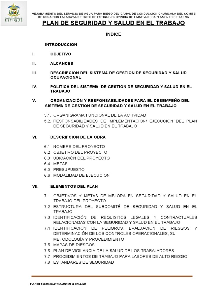 PLAN DE SEGURIDAD Y SALUD EN EL TRABAJO - Churicala Vºbº | PDF ...
