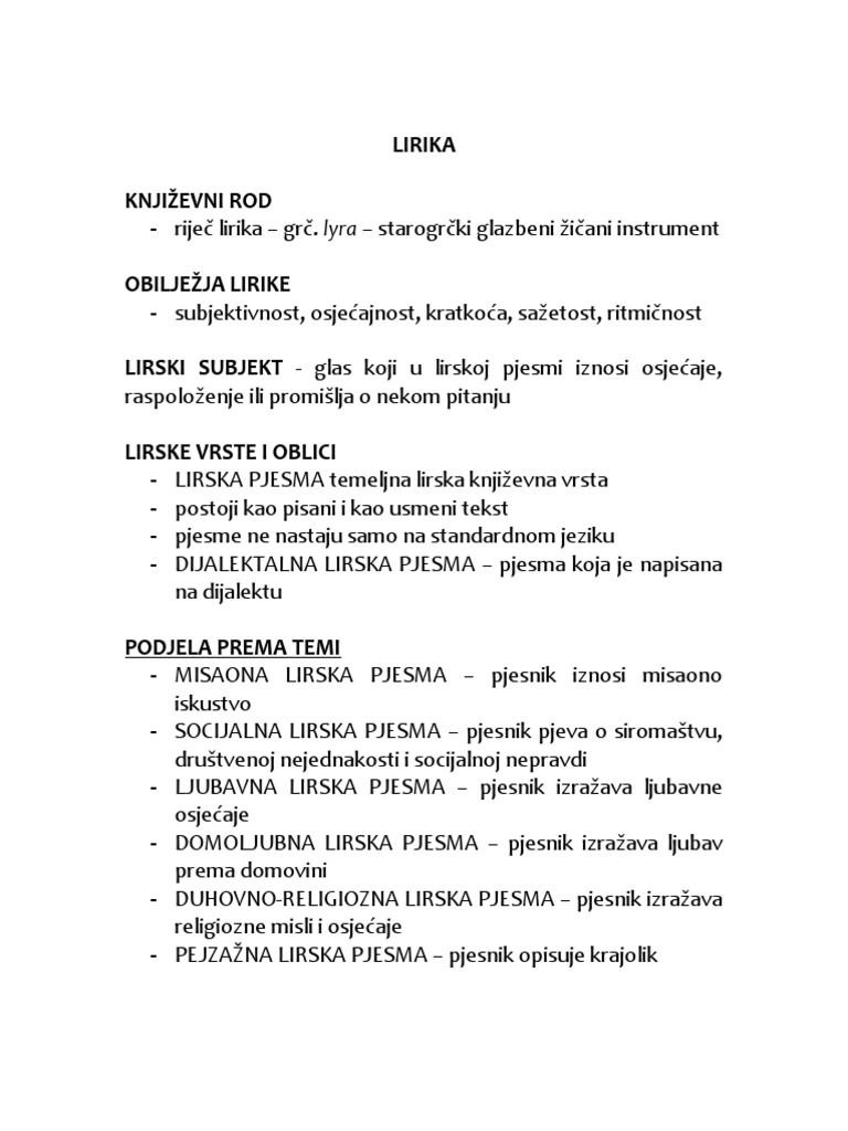 LIRIKA - Obilježja, Vrste, Oblici, Struktura Lirske Pjesme | PDF