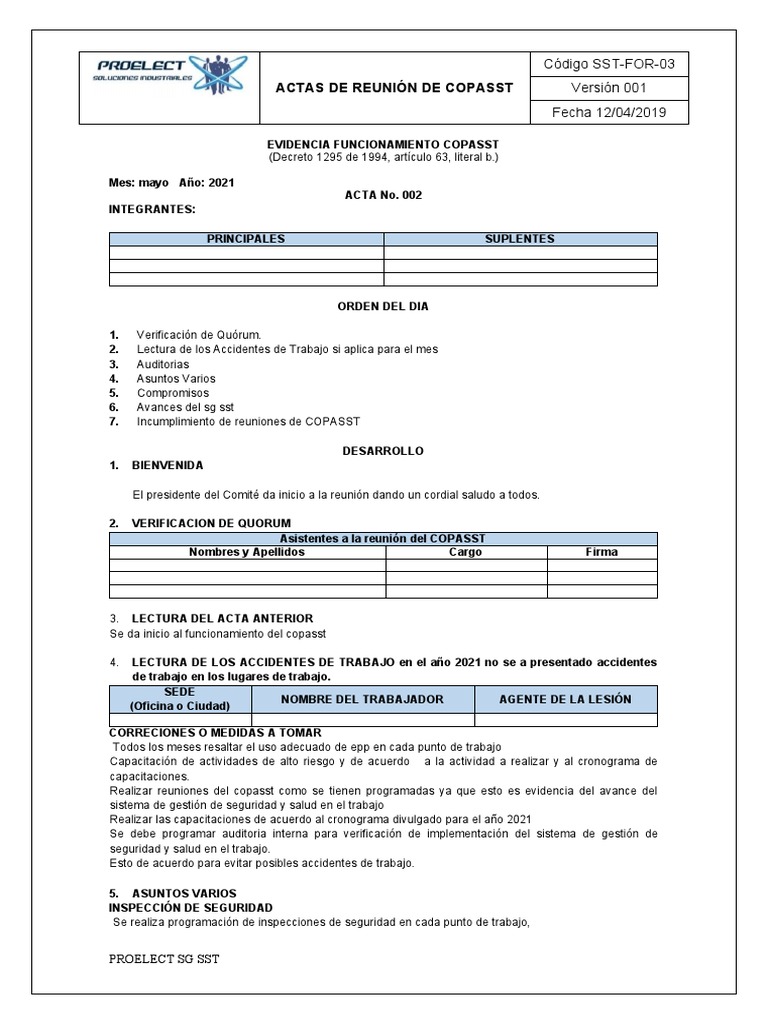 Acta de Reunión COPASST - Mayo 2021 | PDF
