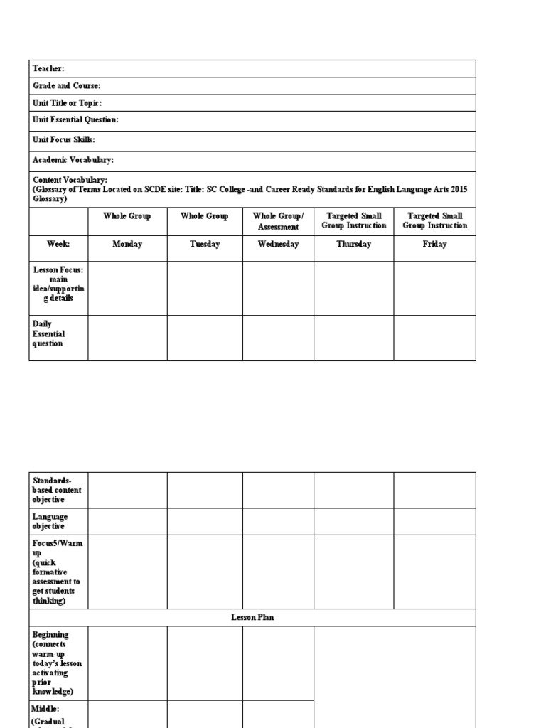 ELALesson Plan Template Whole Group Differentiation Days | PDF