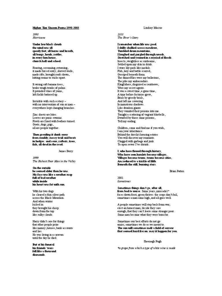 Higher Tier Unseen Poems Nature