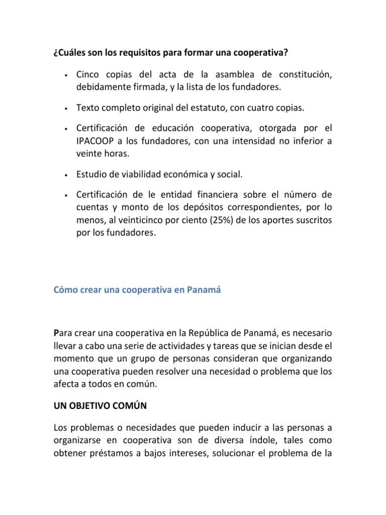 Requisitos para formar una cooperativa en Panamá | PDF | Cooperativa ...