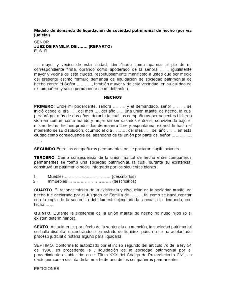 Modelo Demanda de Liquidacion de Sociedad Patrimonial de Hecho | PDF |  Procedimiento Civil | Demanda judicial