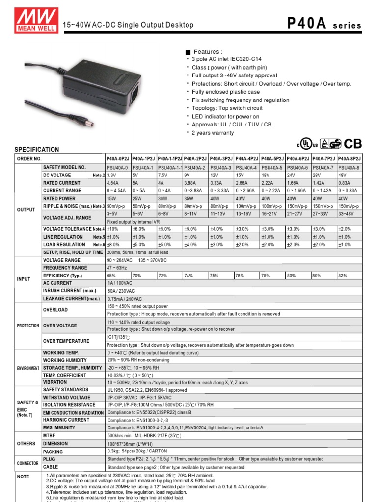 P40A Series Power Supply Specifications | PDF | Power Supply | Electricity
