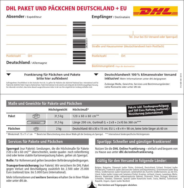 DHL Versandschein de Eu Online Ausfuellbar 052018 | PDF