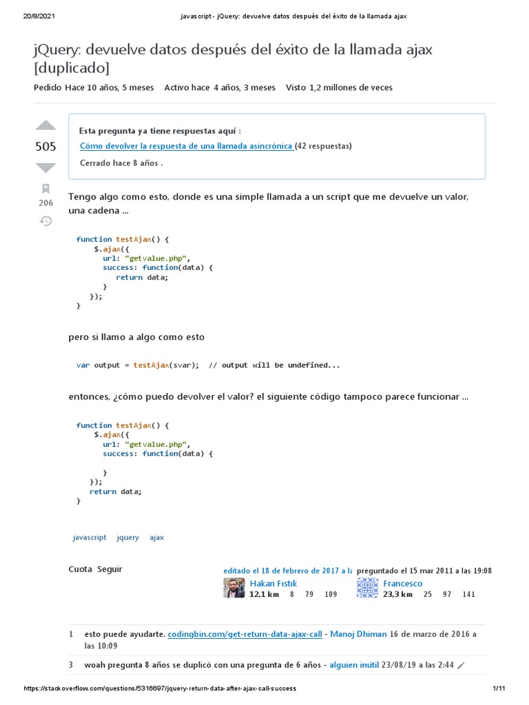 jQuery: Retornar datos de AJAX | PDF | J Query | Script Java