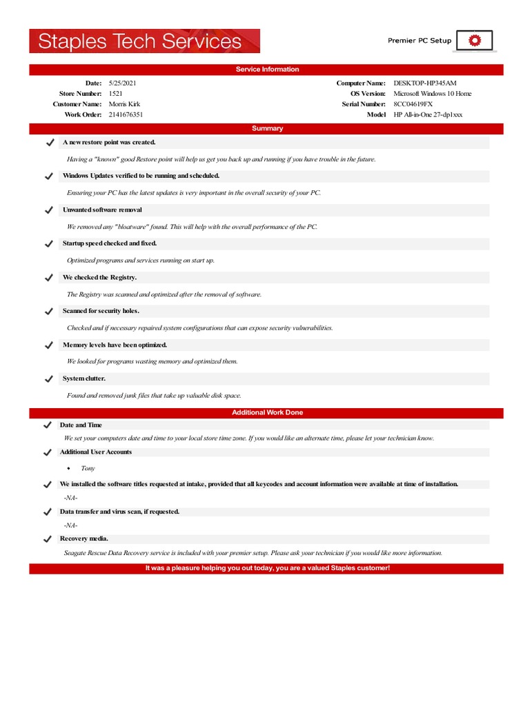Staples Premier PC Setup Report PDF