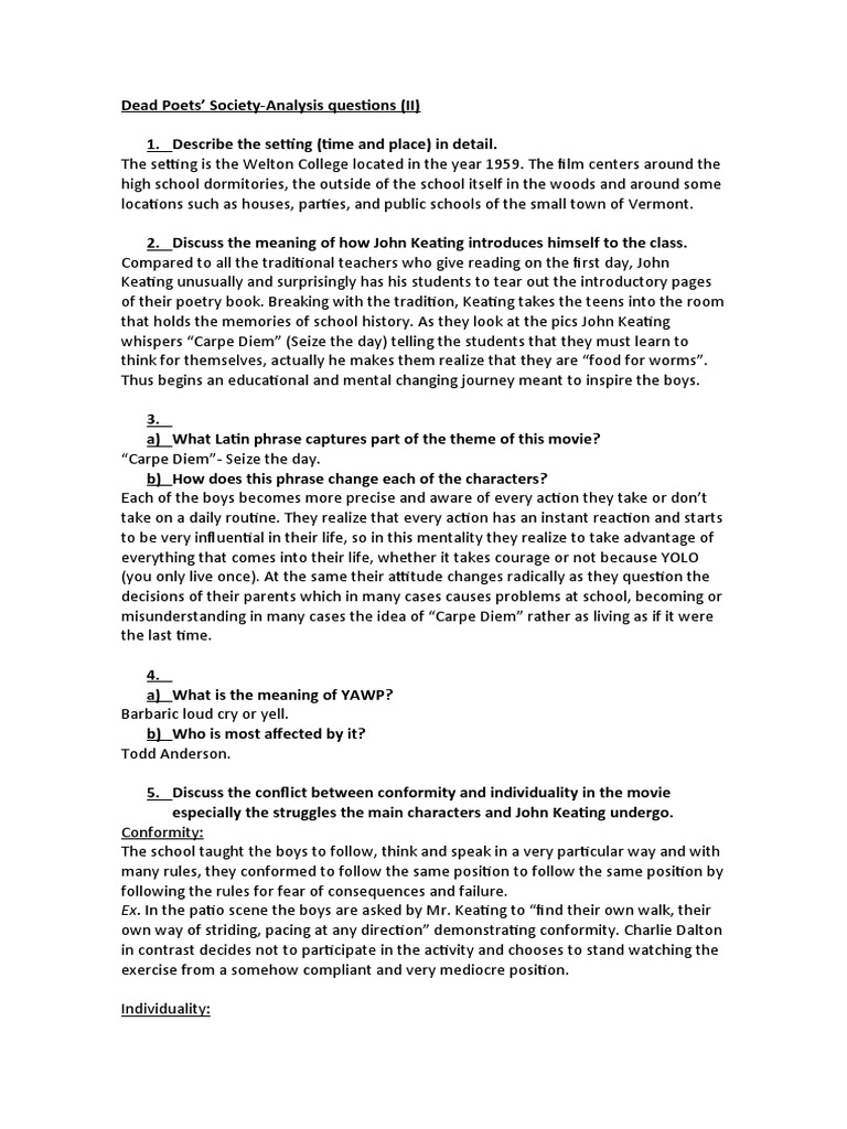 Analysis Questions Dead Poets Society (II) PDF