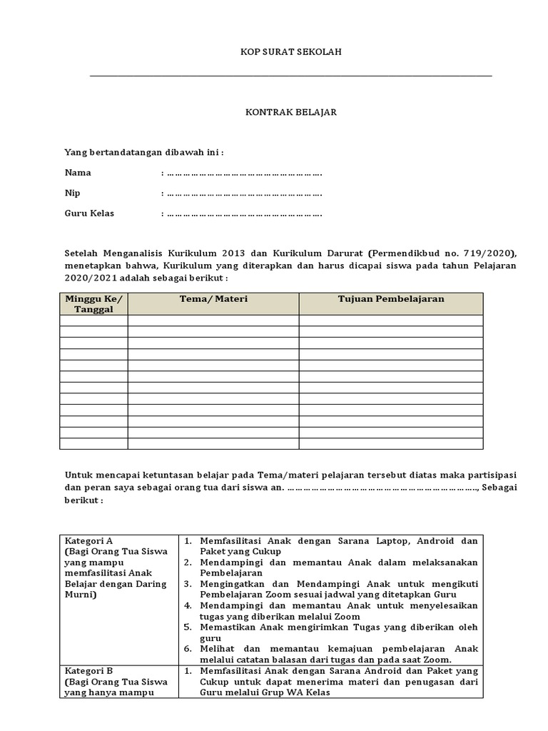 Contoh Kontrak Belajar | PDF