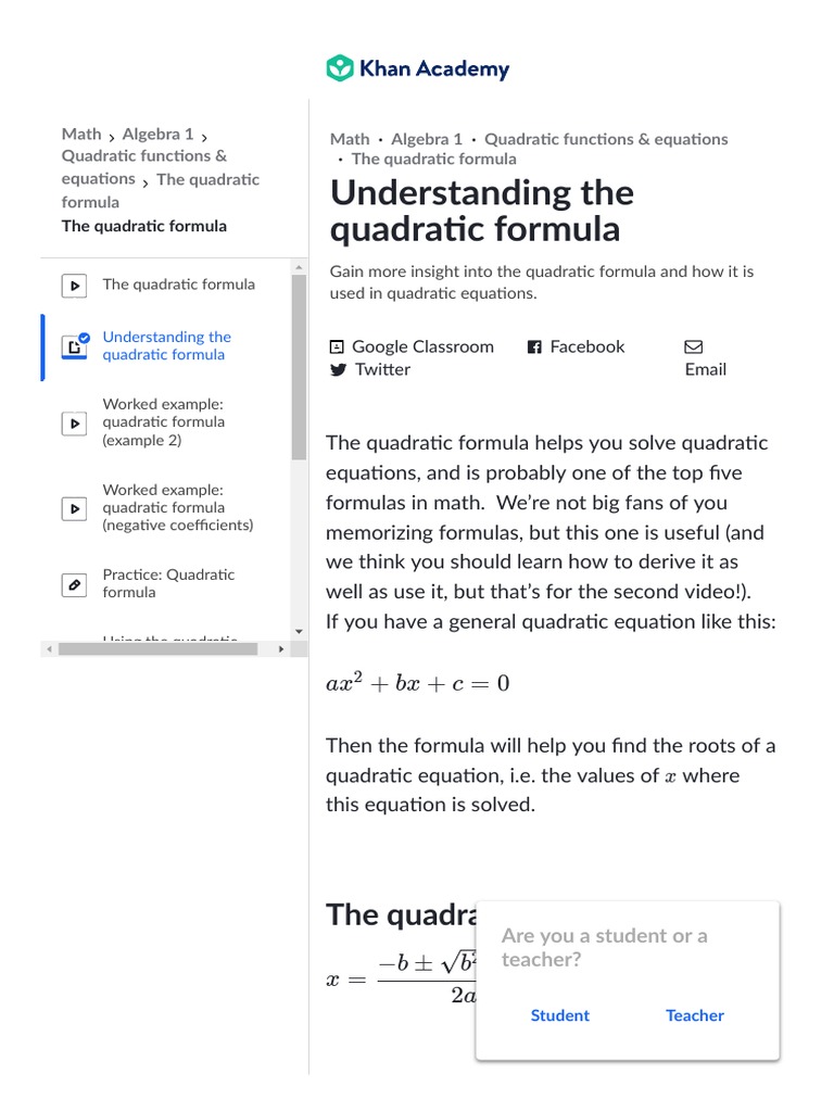 Quadratic Formula Explained (Article) Khan Academy PDF Quadratic