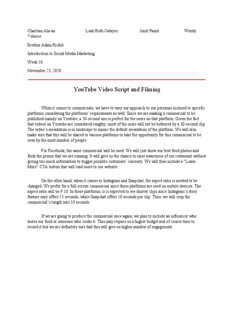 Youtube Video Script and Filming | PDF
