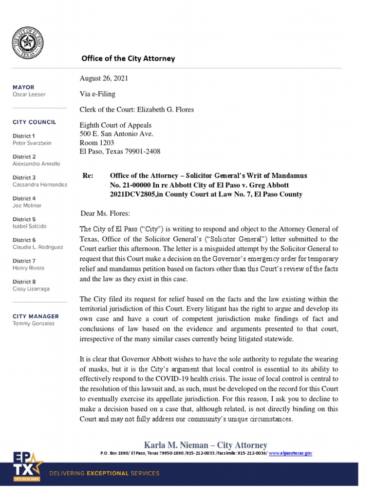 El Paso City Attorney Letter To The 8th Court of Appeals August 26 2021