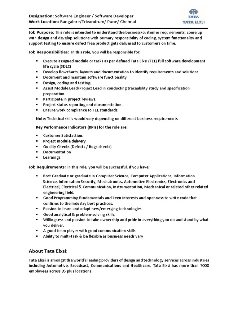 Software Engineer Job Opening at Tata Elxsi | PDF | Computing | Business
