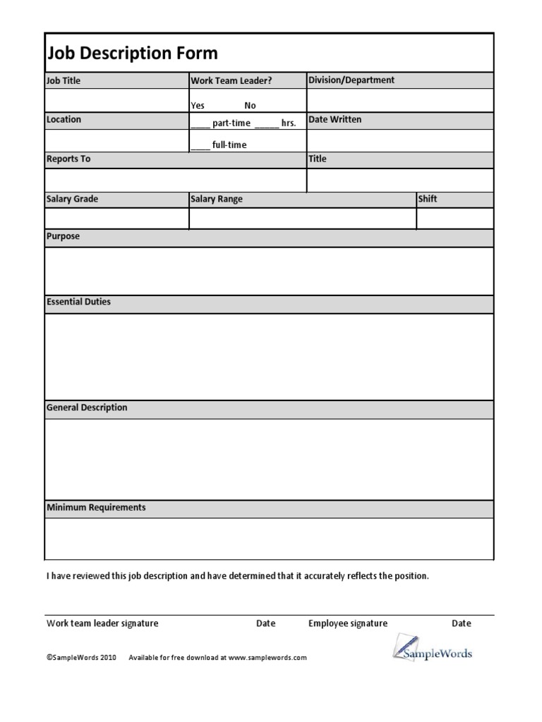 Job Description Form: Job Title Work Team Leader? Division/Department | PDF