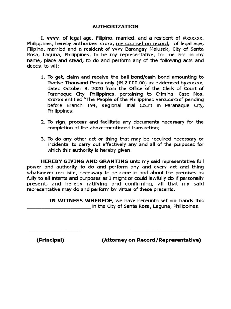 Authorization for Cash Bond Claim | PDF | Justice | Separation Of Powers