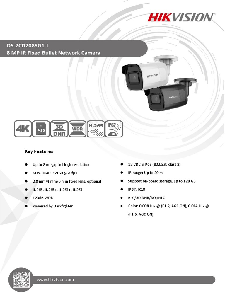 DS2CD2085G1I 8 MP IR Fixed Bullet Network Camera Key Features PDF