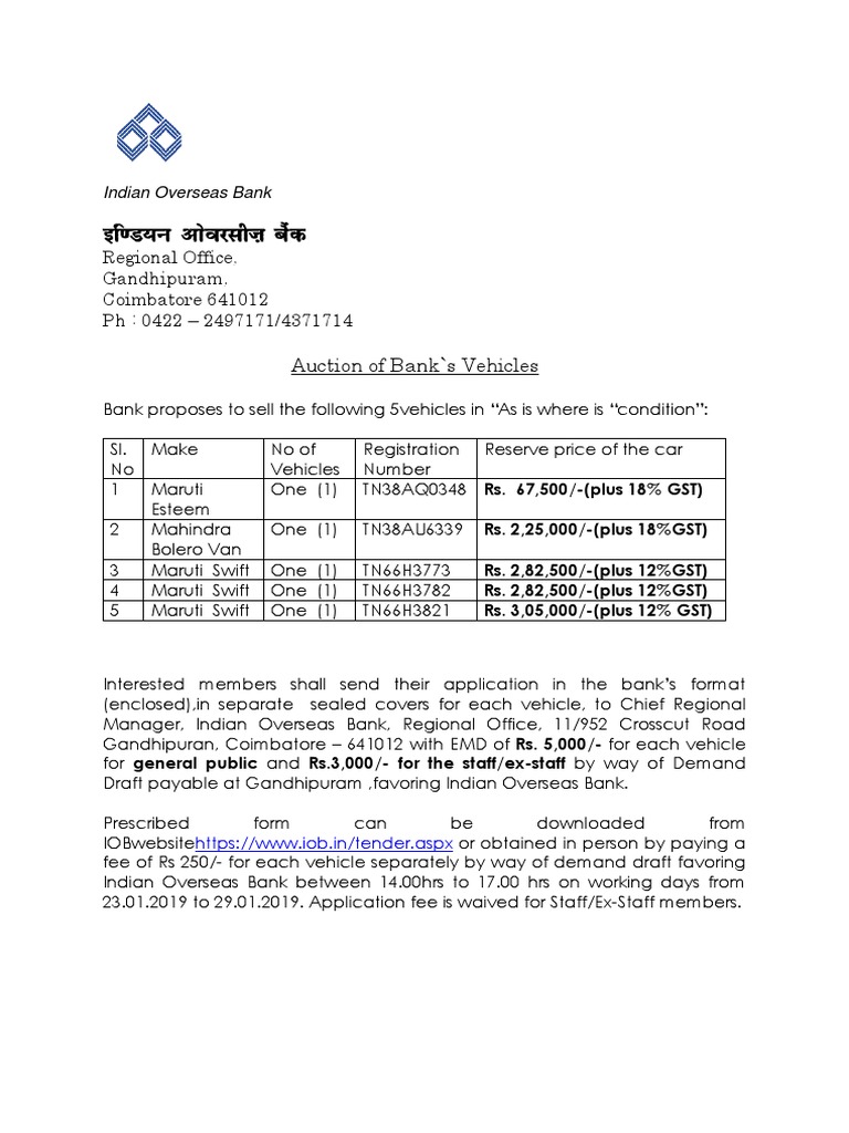 Auction of Bank's Vehicles Regional Office, Gandhipuram, Coimbatore