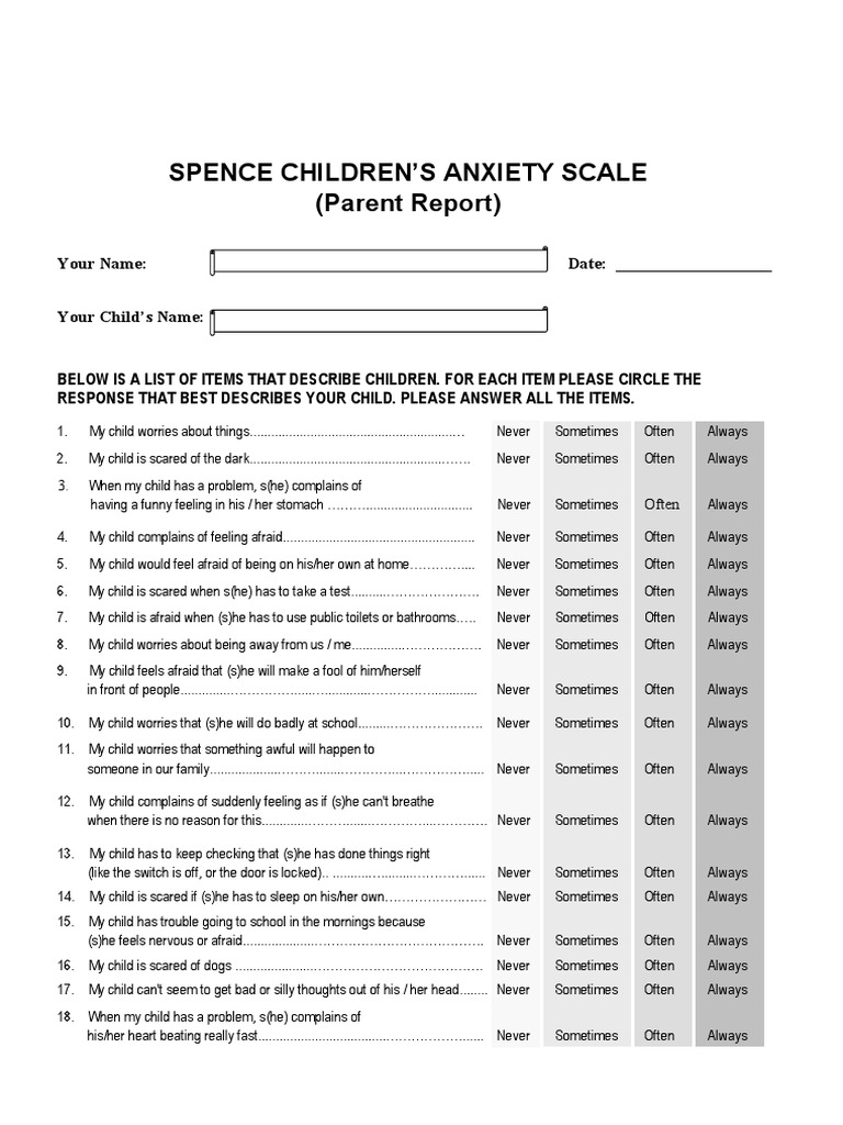 Spence Children's Anxiety Scale (Parent) | PDF
