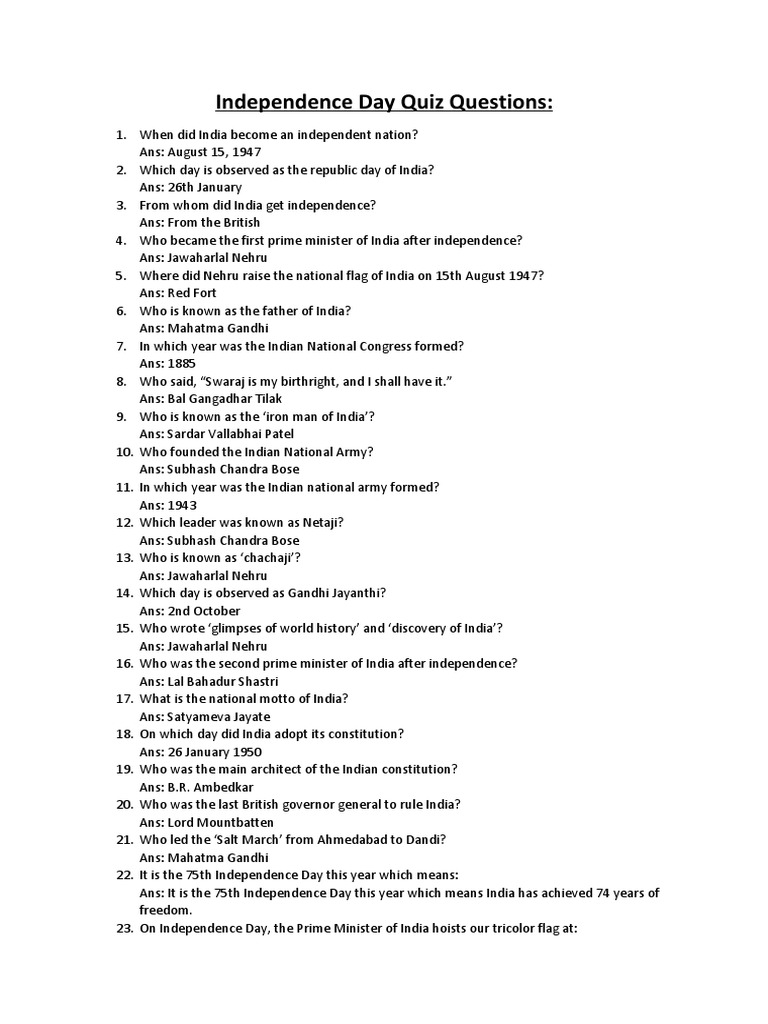Independence Day Quiz Questions & Answers | PDF | Resistance To The ...