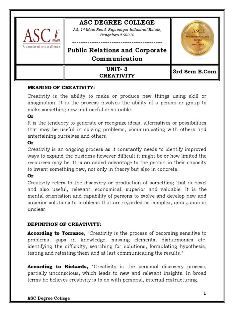 Prcc 3rd Chapter Notes Pdf Creativity Brainstorming