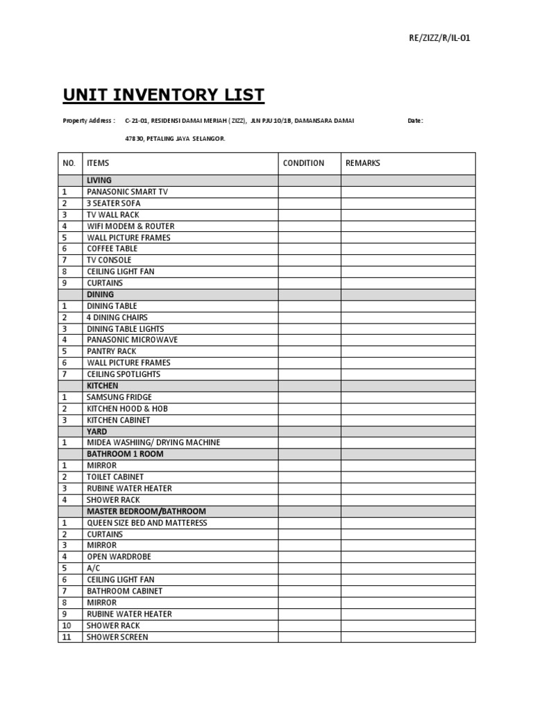 Unit Inventory List: Living | PDF | Bathroom | Bedroom