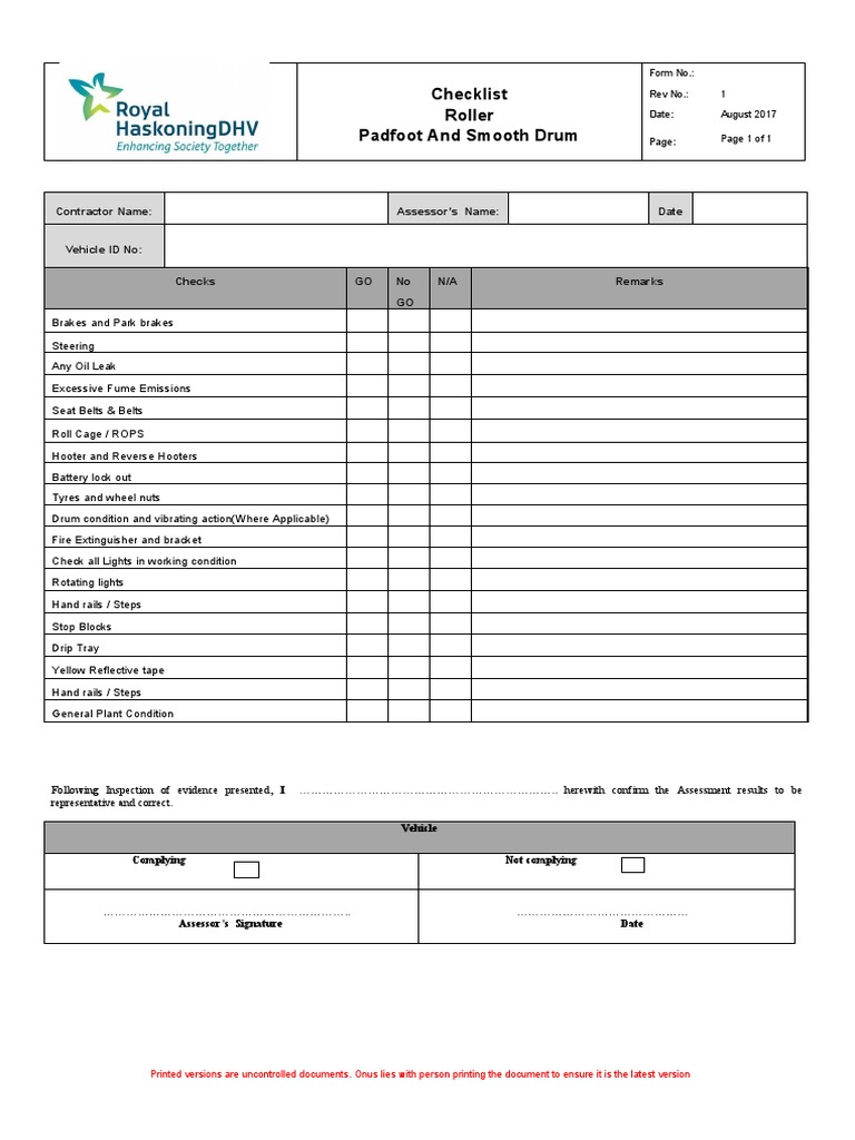 Checklist Roller Padfoot and Smooth Drum Contractor Name Assessor's