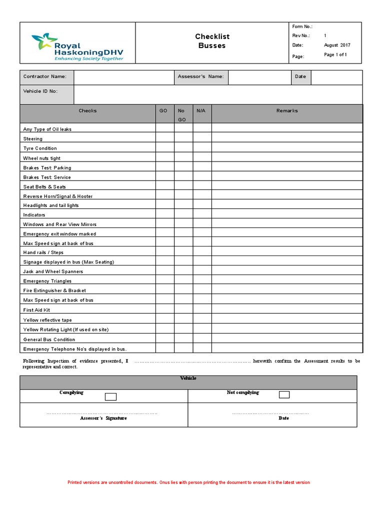 Checklist Busses: Contractor Name: Assessor's Name: Date Vehicle ID No ...