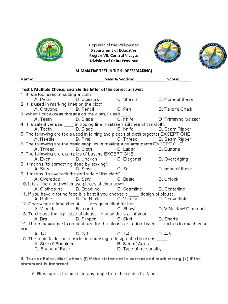 TLE 9 Dressmaking Summative Test | PDF | Seam (Sewing) | Sewing