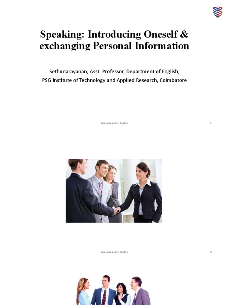 Speaking Introducing Oneself and Exchanging Personal Information PDF
