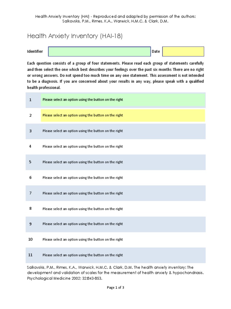 Health Anxiety Inventory HAI 18 PDF PDF Applied Psychology Health