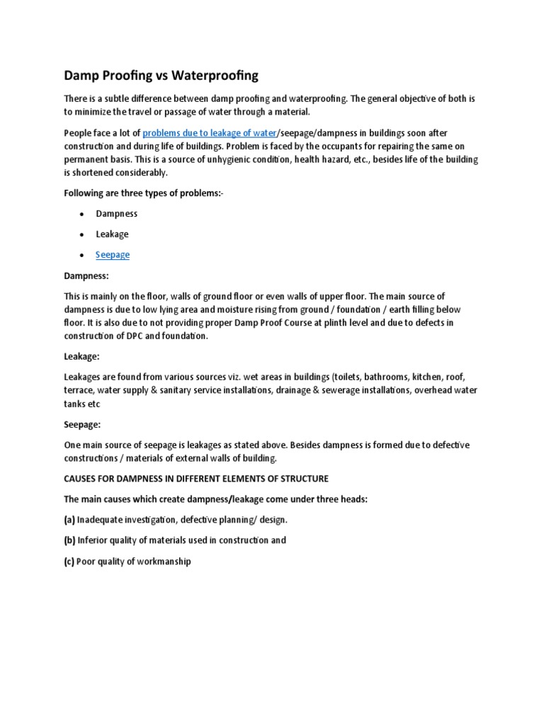 Damp Proofing Vs Waterproofing | PDF | Concrete | Epoxy