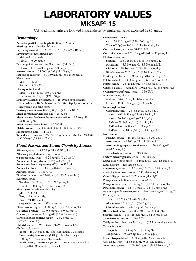 Normal Laboratory Values Physiology Medical Specialties