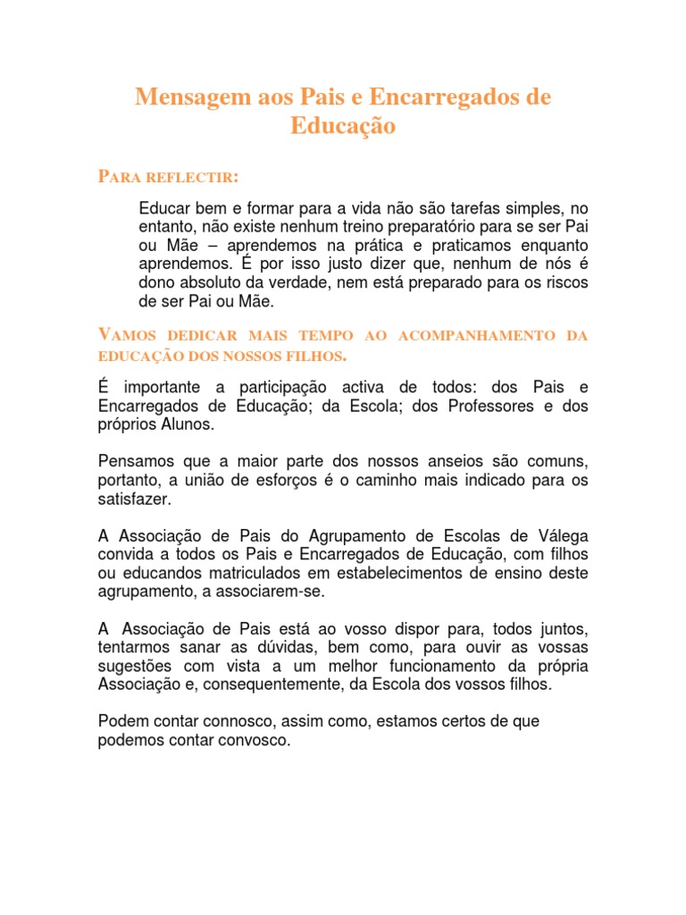 Mensagem aos Pais e Encarregados de Educação