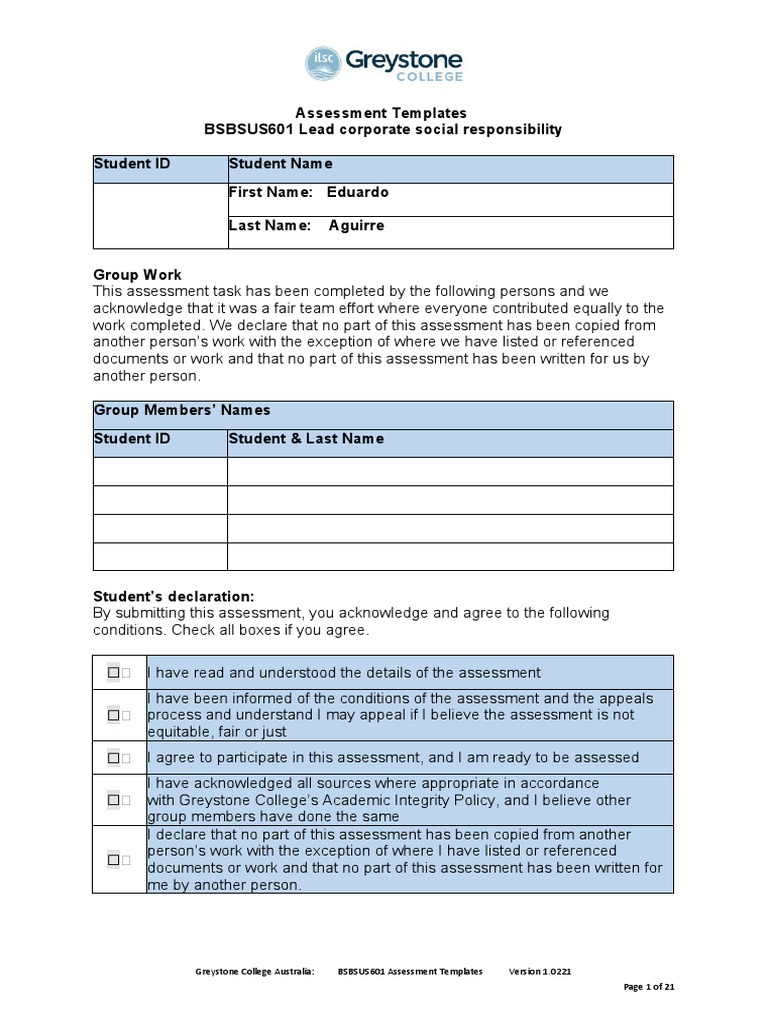BSBSUS601 CSR Assessment Templates | PDF | Corporate Social ...