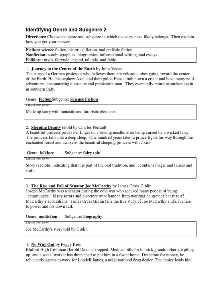 Identifying Genre and Subgenre 2 Answers | PDF | Fairy Tales | Sleeping  Beauty