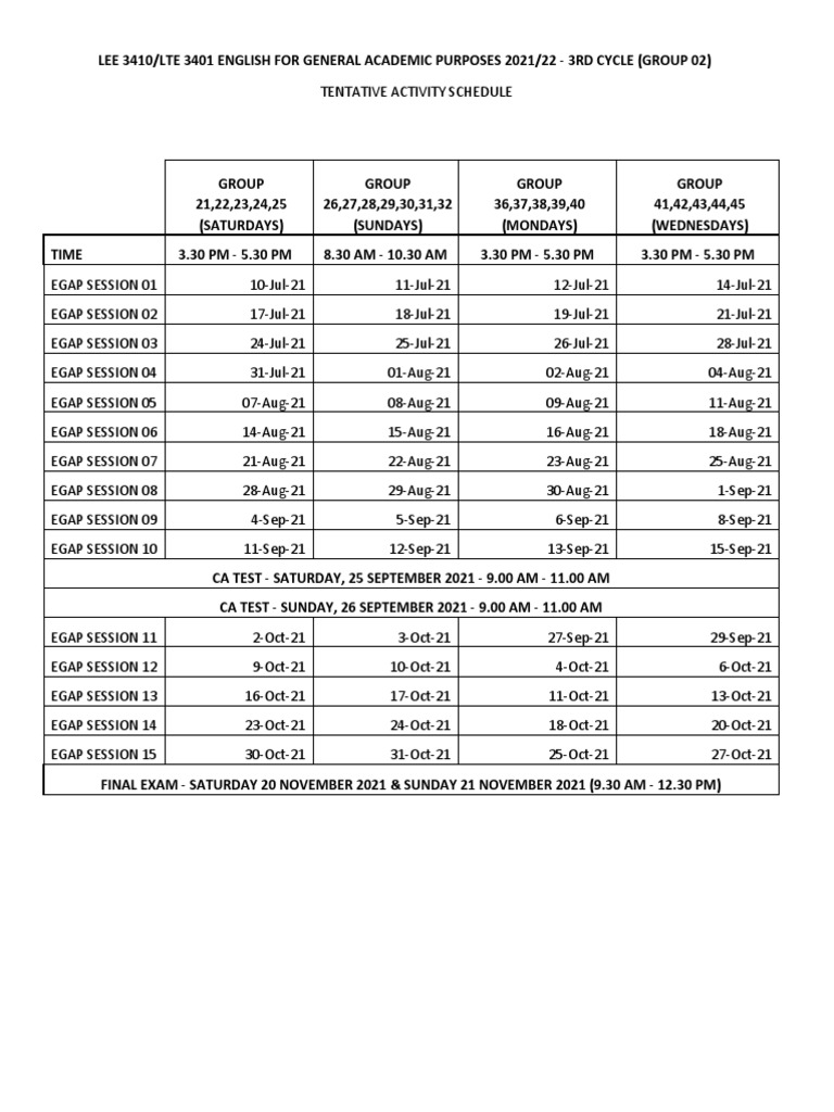 EGAP Tentative Activity Schedule 2021 | PDF