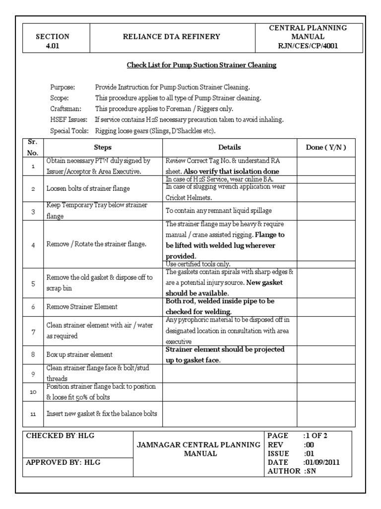 001 Job Procedure For Pump Suction Strainer Cleaning PDF Pump