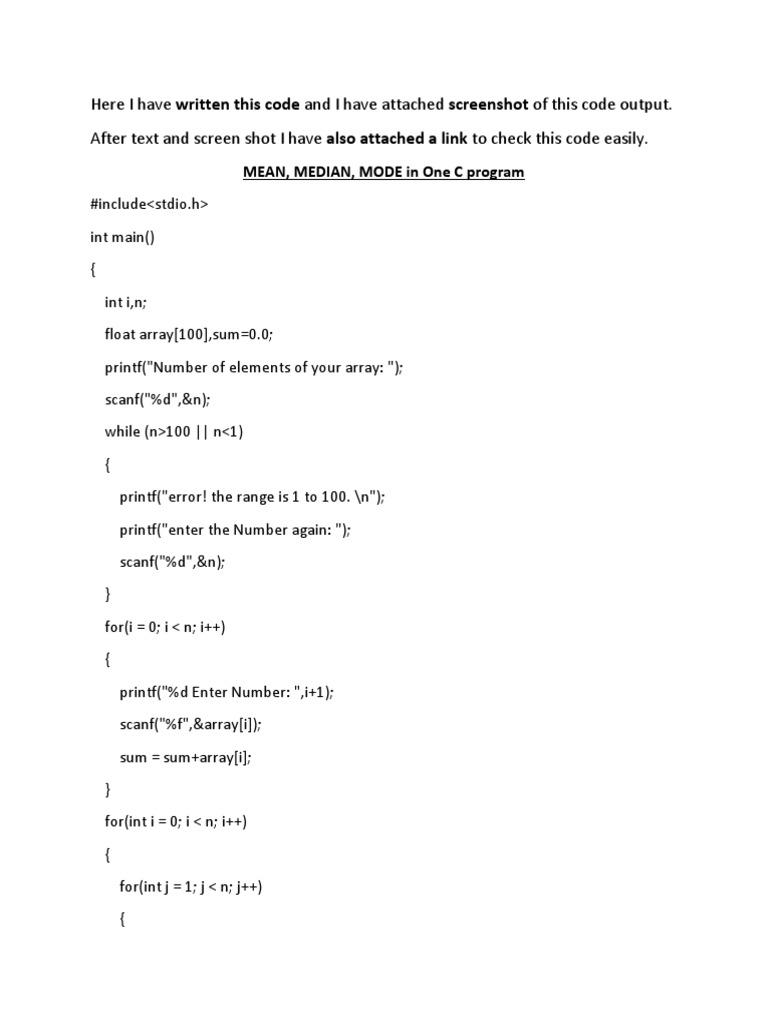 MEAN, MEDIAN, MODE in One C Program | PDF