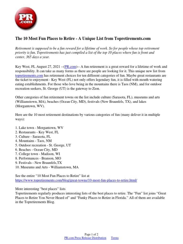 The 10 Most Fun Places To Retire A Unique List From PDF
