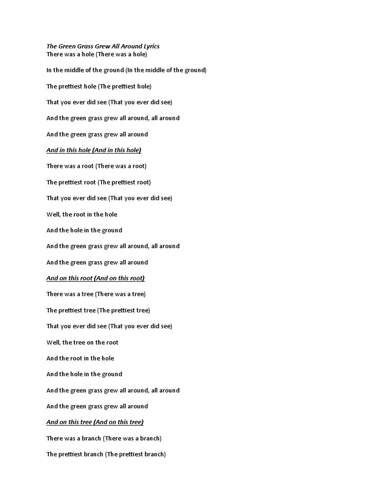 The Green Grass Grew All Around Lyrics PDF Nest Birds