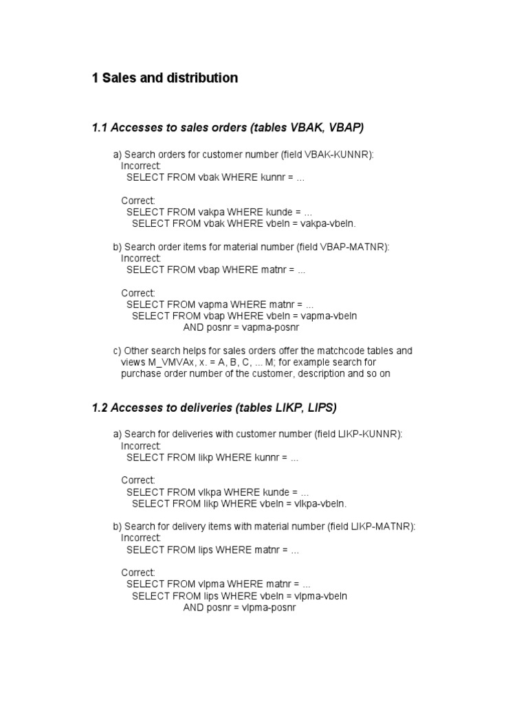 1 Sales and Distribution 1.1 Accesses To Sales Orders (Tables VBAK