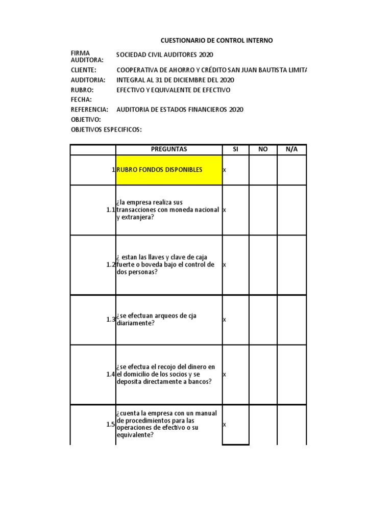 Cuestionario de Control Interno | PDF | Bancos | Auditoría