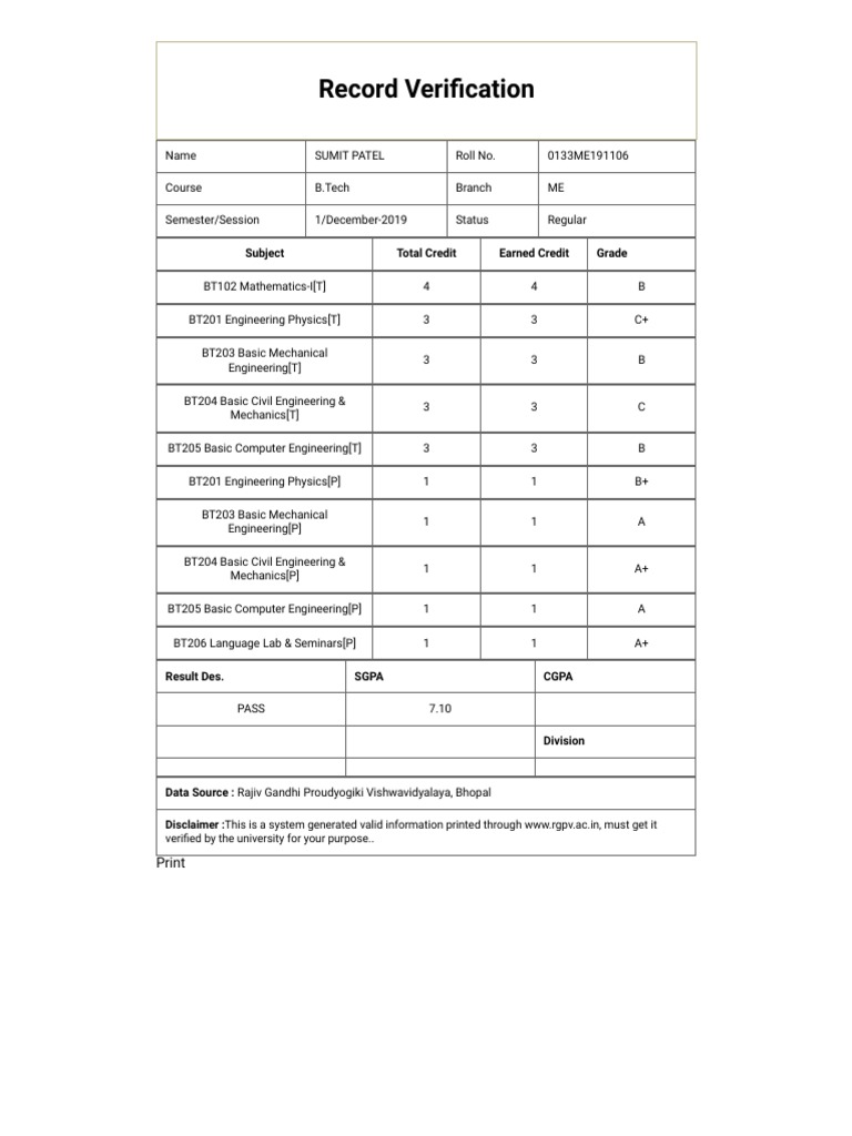 B.Tech Record Verification for Sumit Patel | PDF