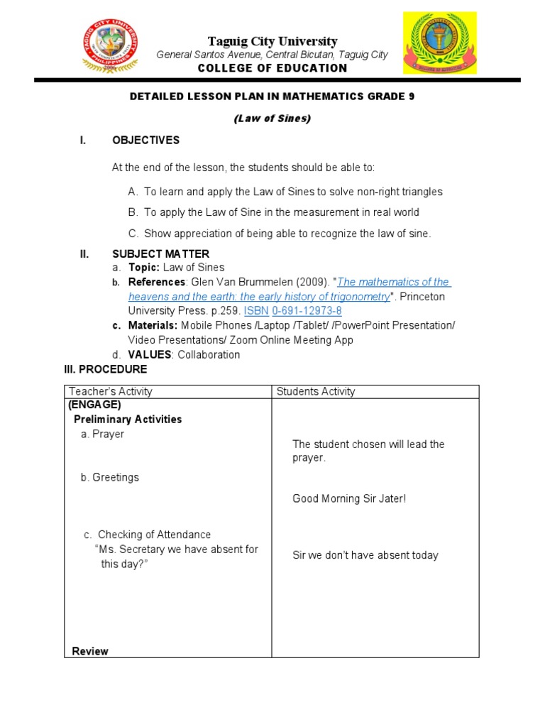 Grade 9 Detailed Lesson Plan: Law of Sines | PDF | Sine | Triangle
