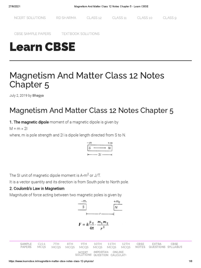 Class 12 Magnetism and Matter Notes | PDF | Magnetic Field | Dipole